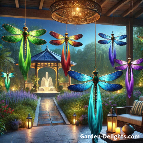 Dragonfly outdoor solar decorations hanging like Vibrant garden decorations, colour changing wind chimes , LED energy-efficient Powered garden lights.